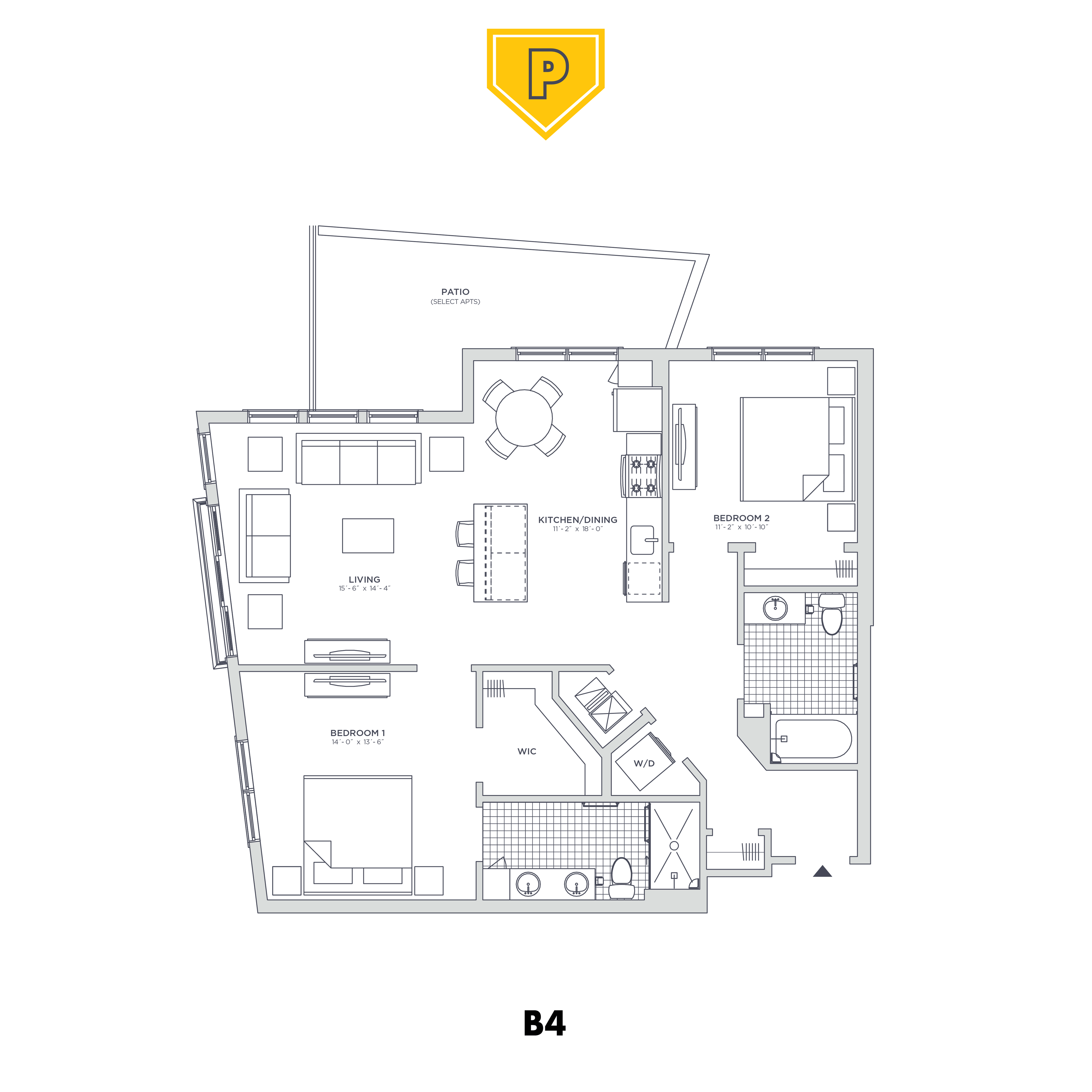 Floor plan for 2 beds, 2 baths, 1140 sqft